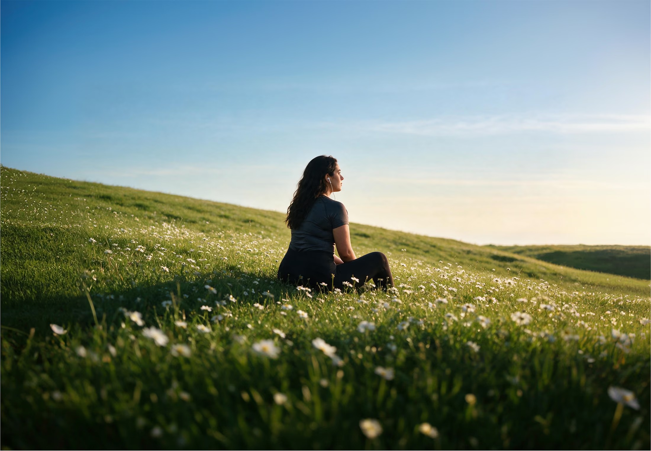 Woman relaxing in a green field, enjoying better wellbeing