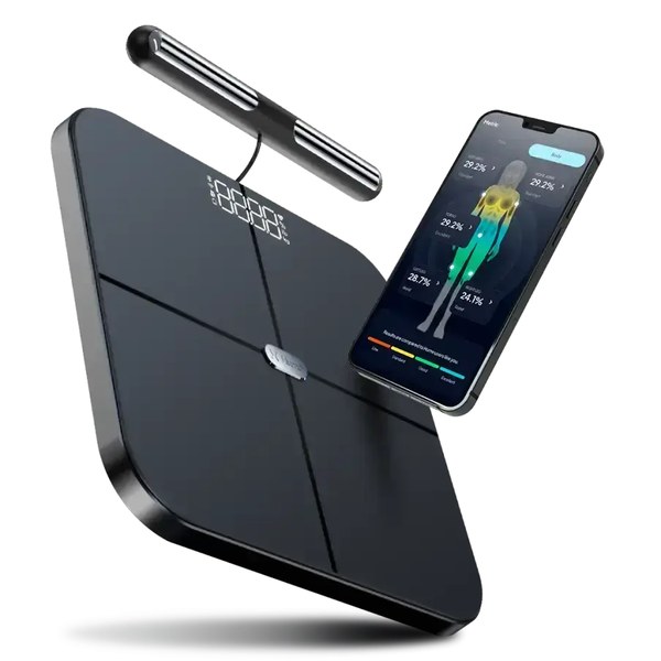 Hume Pod smart scale with its handle and phone app
