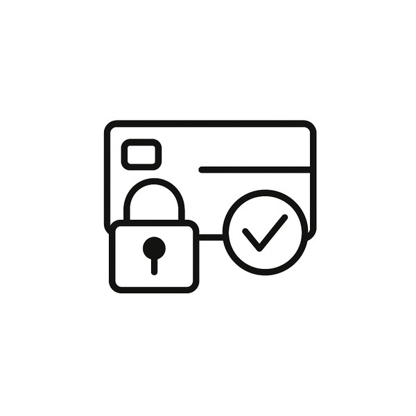 Credit card with padlock and check mark icon for secure checkout
