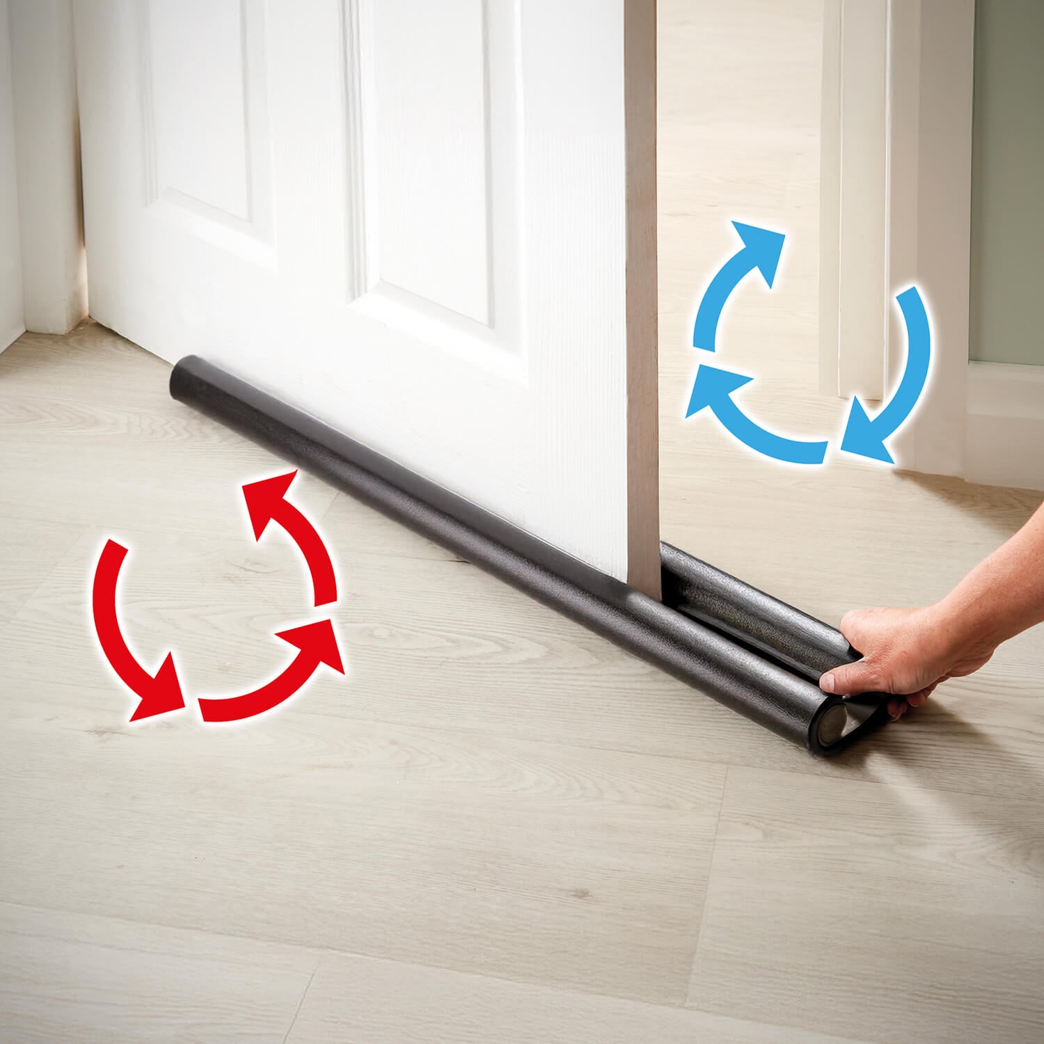 Coopers of Stortford twin-sided draught excluder fitted under a door to block cold draughts