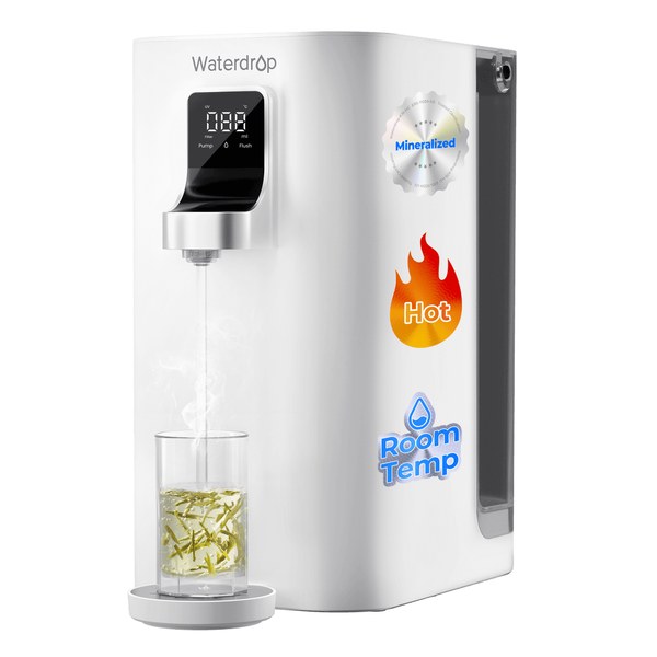Waterdrop K19 instant hot water reverse osmosis dispenser filling a glass