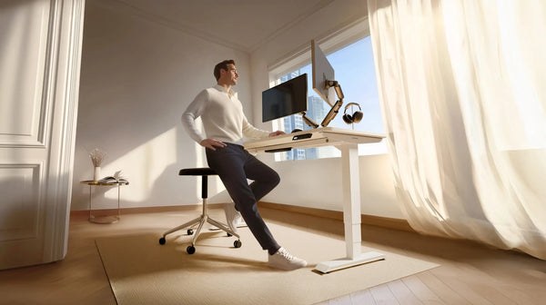 Man working seated at a Desktronic HomePro height adjustable desk