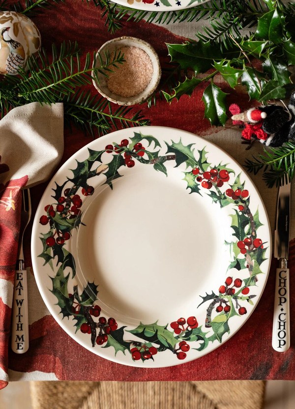 Emma Bridgewater Holly large dinner plate on a festive table setting