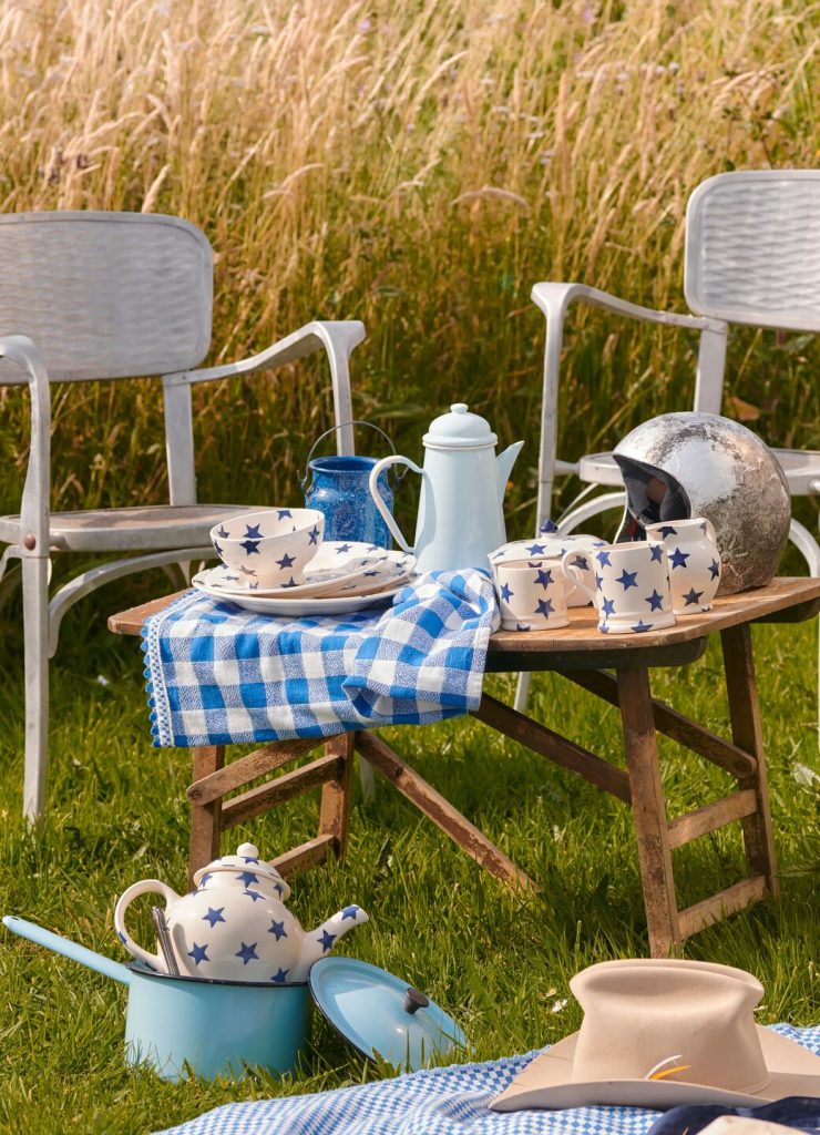 Emma Bridgewater teapot and mugs set for tea in the garden
