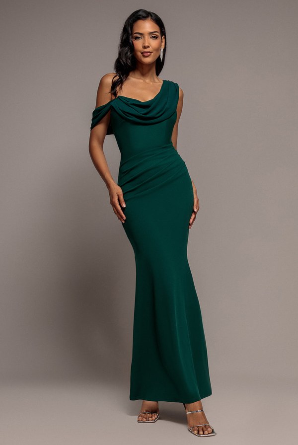 Emerald green cowl neck one shoulder scuba and chiffon maxi dress from Goddiva