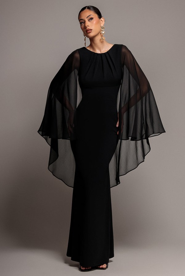 Black cape sleeve chiffon and scuba crepe maxi dress from Goddiva