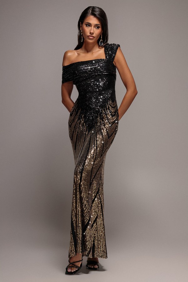 Gold and black ombre sequin one shoulder bardot maxi dress from Goddiva