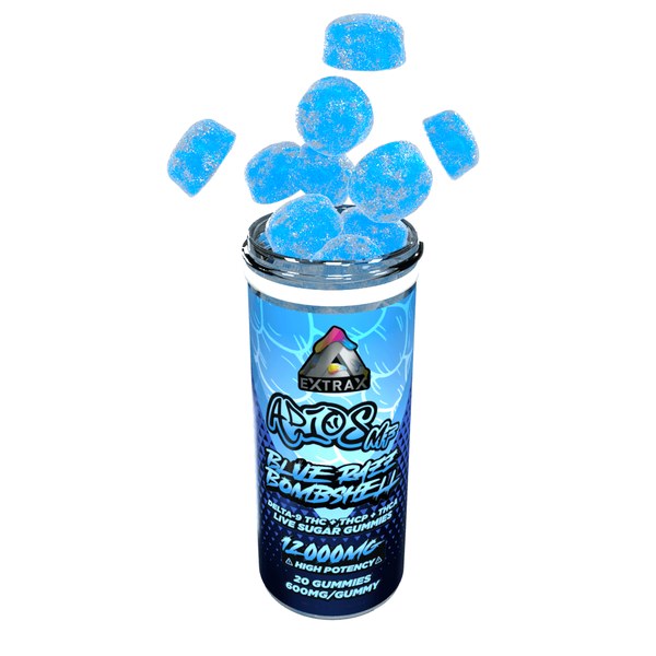 Delta Extrax Adios MF 12,000mg gummies tube with blue gummies