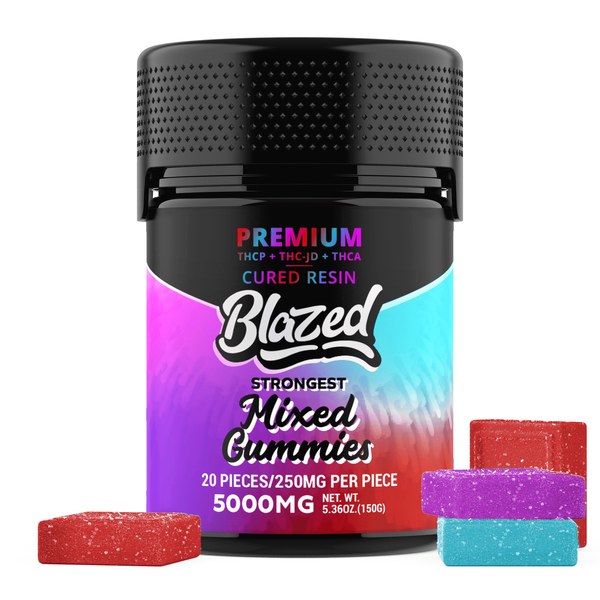 Blazed 5,000mg mixed gummies jar with red, purple and blue gummies in front