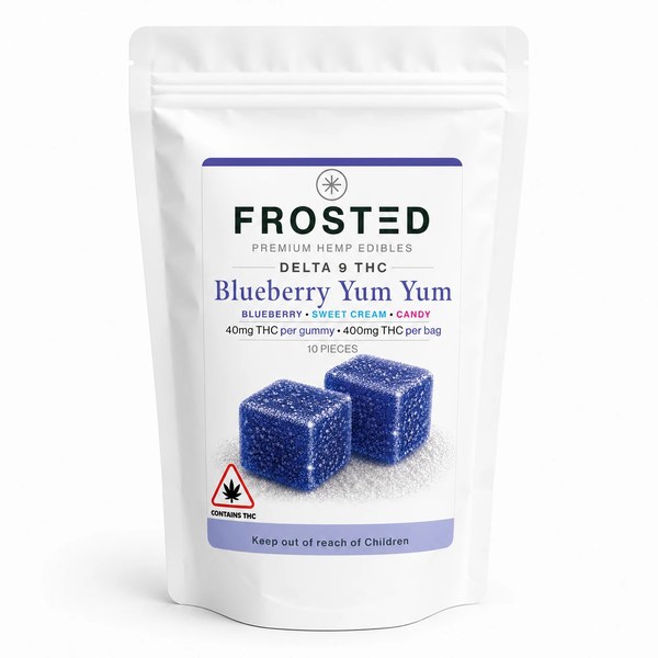 Frosted Delta 9 THC gummies bag in Blueberry Yum Yum flavour