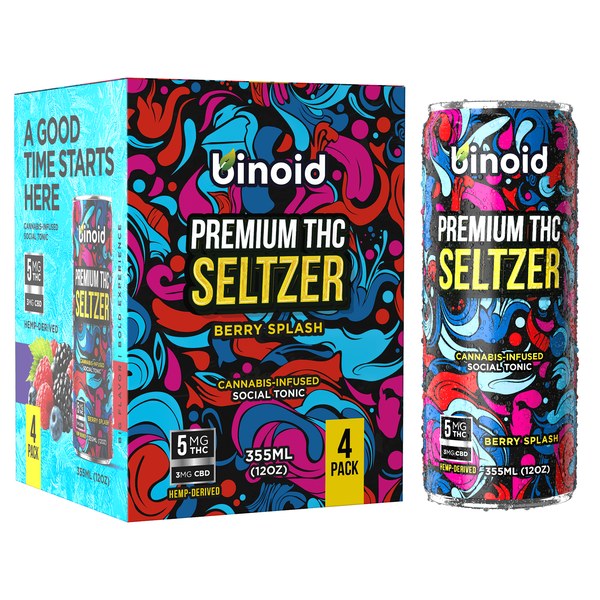 Binoid Premium THC Seltzer 4 pack box and a Berry Splash can