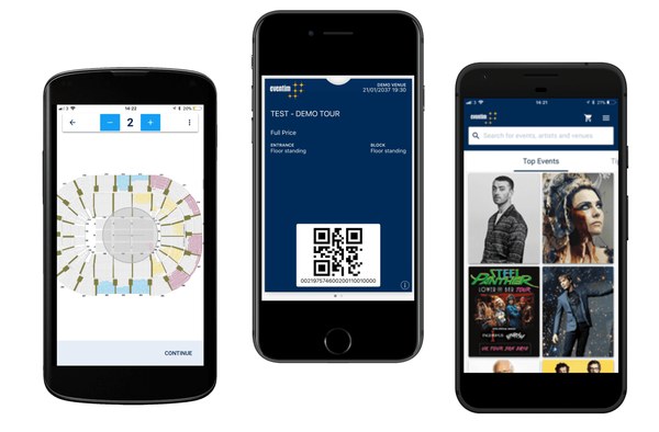 Mobile tickets with a QR code shown in the Eventim app on three smartphones