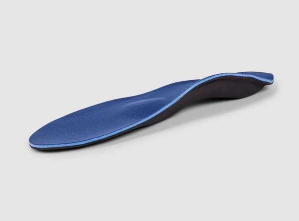 Side view of a blue FitVille arch support insole with a raised arch