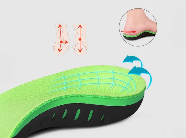 Cutaway view of a green FitVille breathable orthopedic insole showing the arch layers