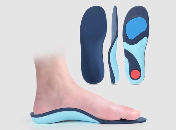FitVille orthotic arch support insoles in blue shown from several angles