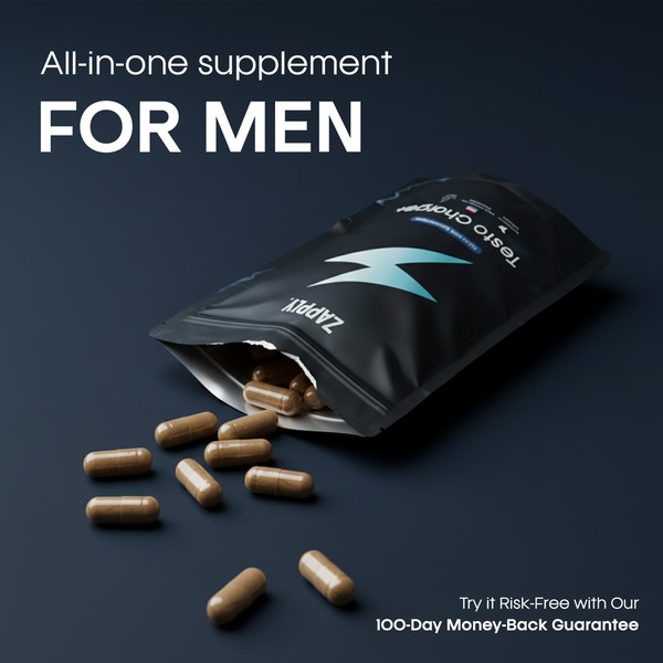 Zapply T1 pouch with capsules and the words all-in-one supplement for men