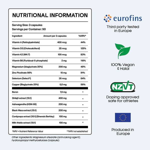 Zapply T1 nutritional information panel with Eurofins and made in Europe marks