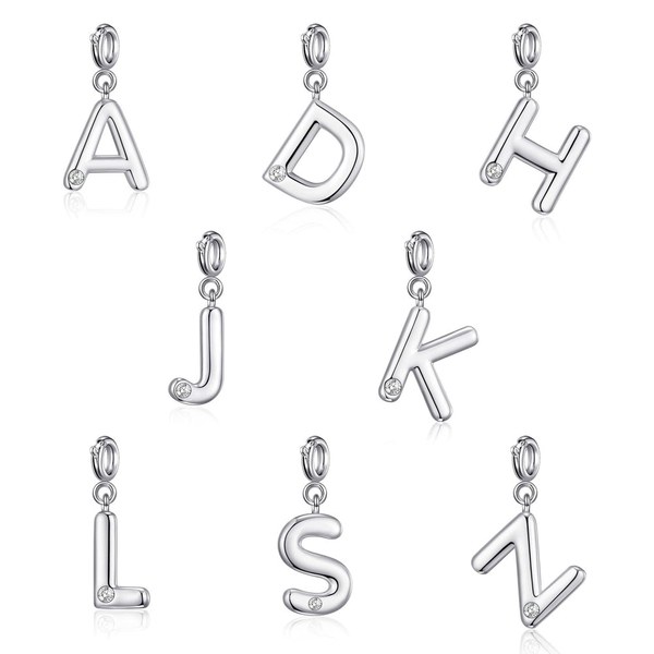 Seven silver clip-on letter charms arranged in a loose pattern on a white background