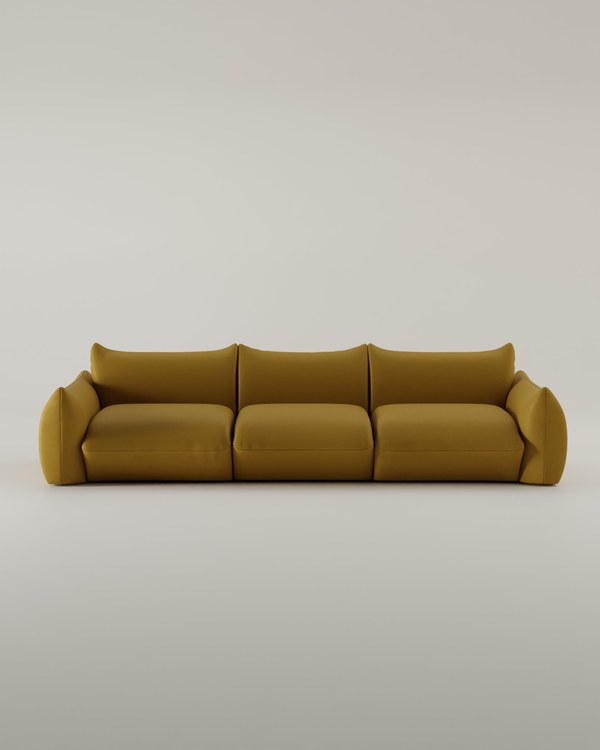 Livom Luma modular sofa in mustard yellow with rounded cushions