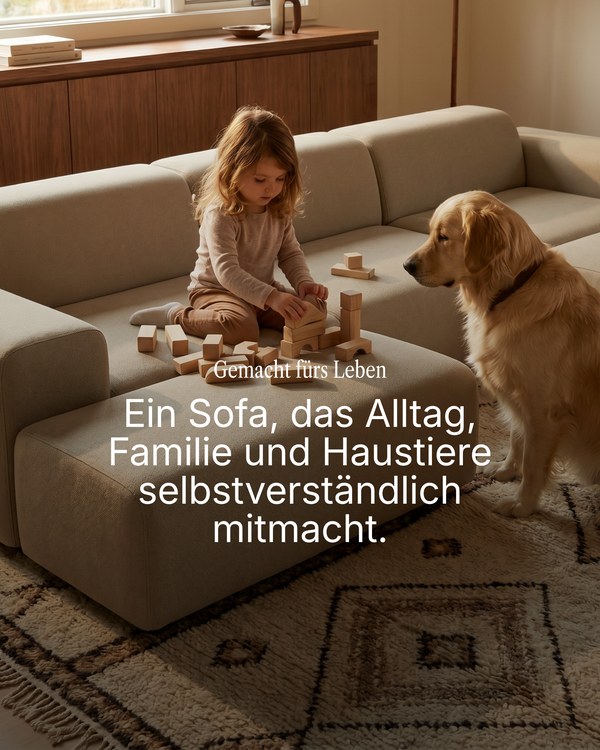 Child and a golden retriever on a light modular Livom Nina sofa in a bright living room