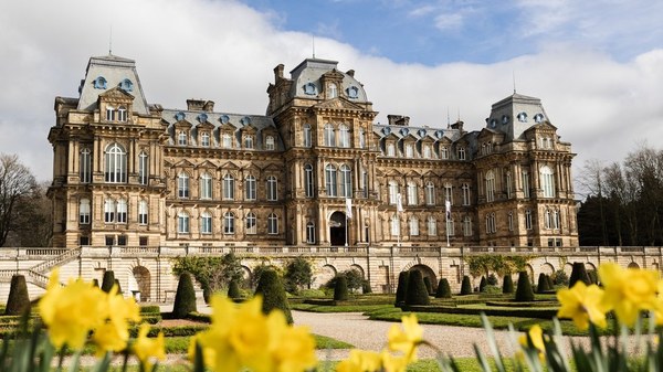 The Bowes Museum building and spring flowers in Barnard Castle