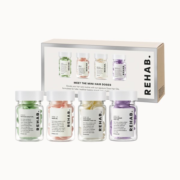REHAB. Meet Mini Dose Hair Gift Set with four mini hair oil capsule jars