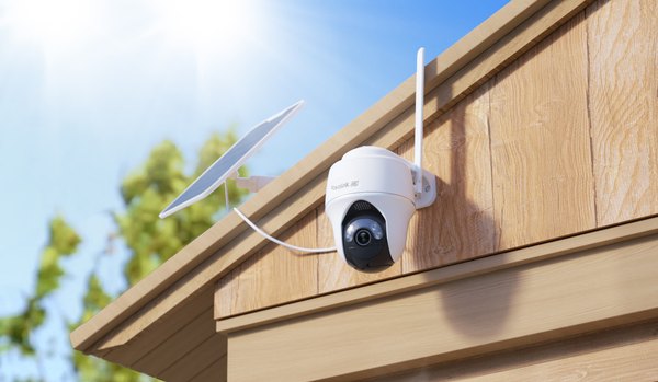 Security Cameras Without Power Sockets: How Solar, Battery and 4G Models Protect Gardens, Allotments and Holiday Homes Reolink solar-powered security camera mounted under a roof edge