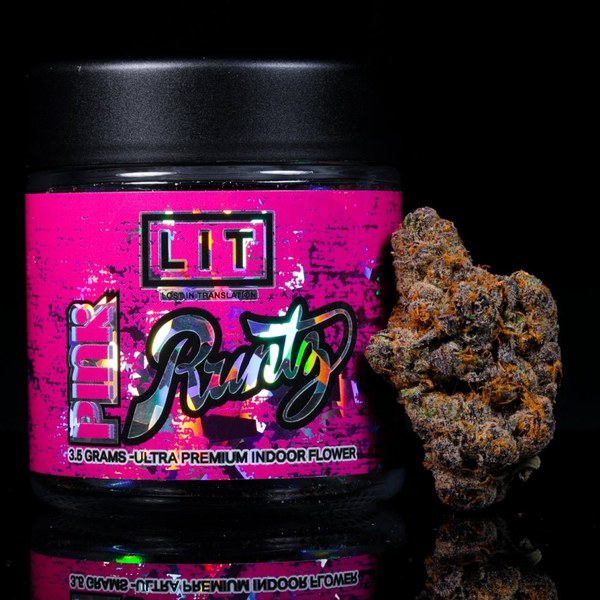 Bright pink jar of Lit Farms Pink Runtz THCA flower with a dark bud beside it