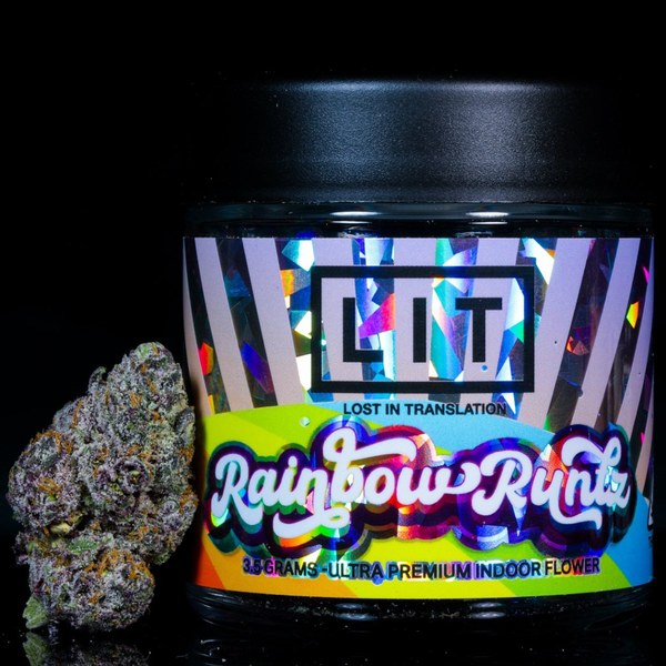 Jar of Lit Farms Rainbow Runtz THCA flower with two buds beside it