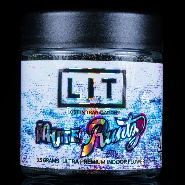 Jar of Lit Farms White Runtz THCA flower with a colourful holographic label