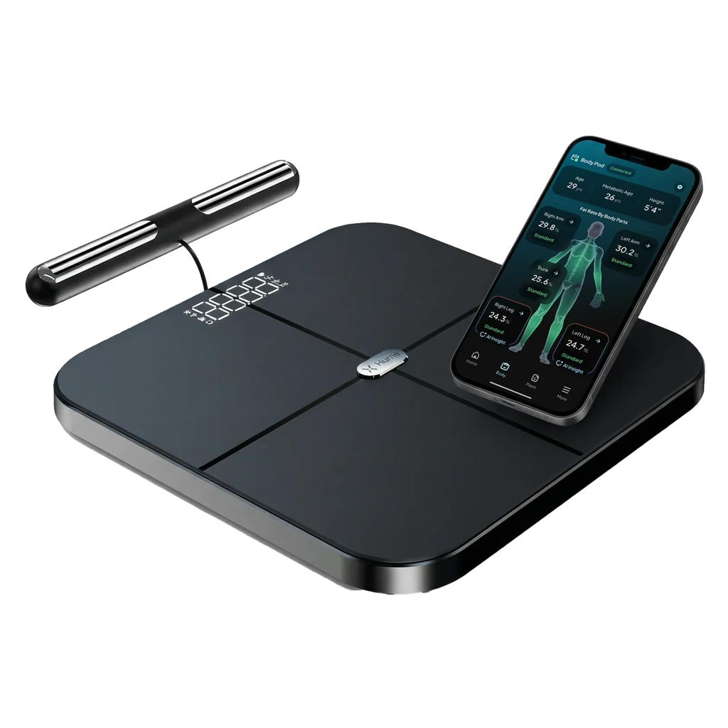 Hume Pod smart scale next to a smartphone showing the Hume Health app
