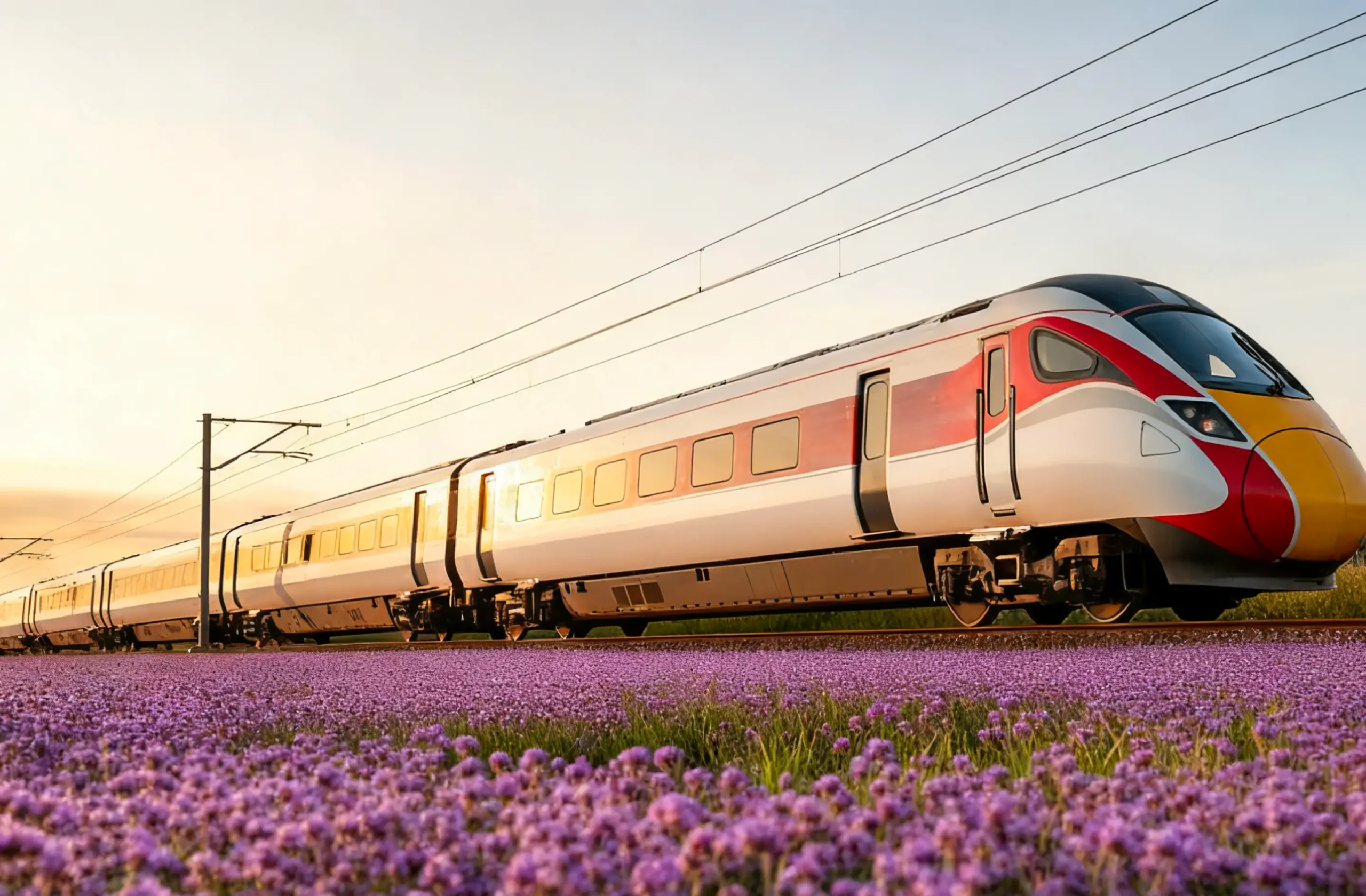 High-speed train crossing a flower field - Trip.com trains