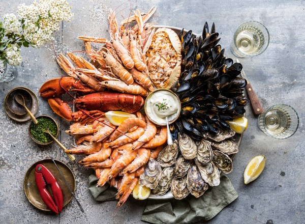Deluxe Fruits de Mer seafood platter from Wright Brothers with langoustines, prawns, mussels and oysters