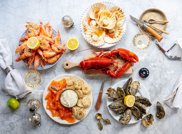 New Year Oyster and Lobster Box from Wright Brothers with lobster, oysters, prawns and smoked salmon