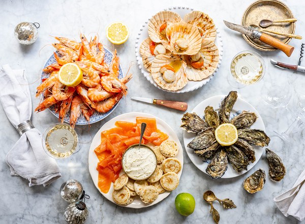 New Year Oyster and Seafood Box from Wright Brothers with oysters, prawns, scallops and smoked salmon