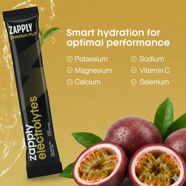 Zapply Electrolytes sachet with passion fruit and a list of minerals