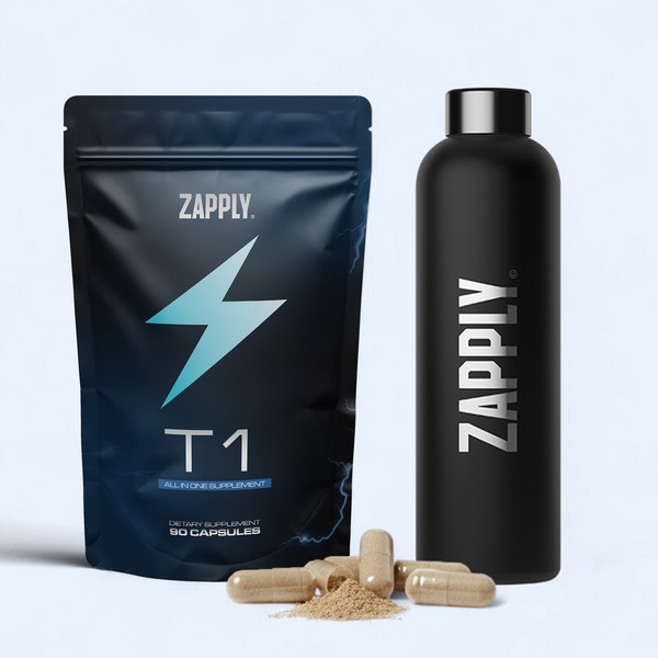 Zapply T1 pouch next to a black bottle with capsules on the table